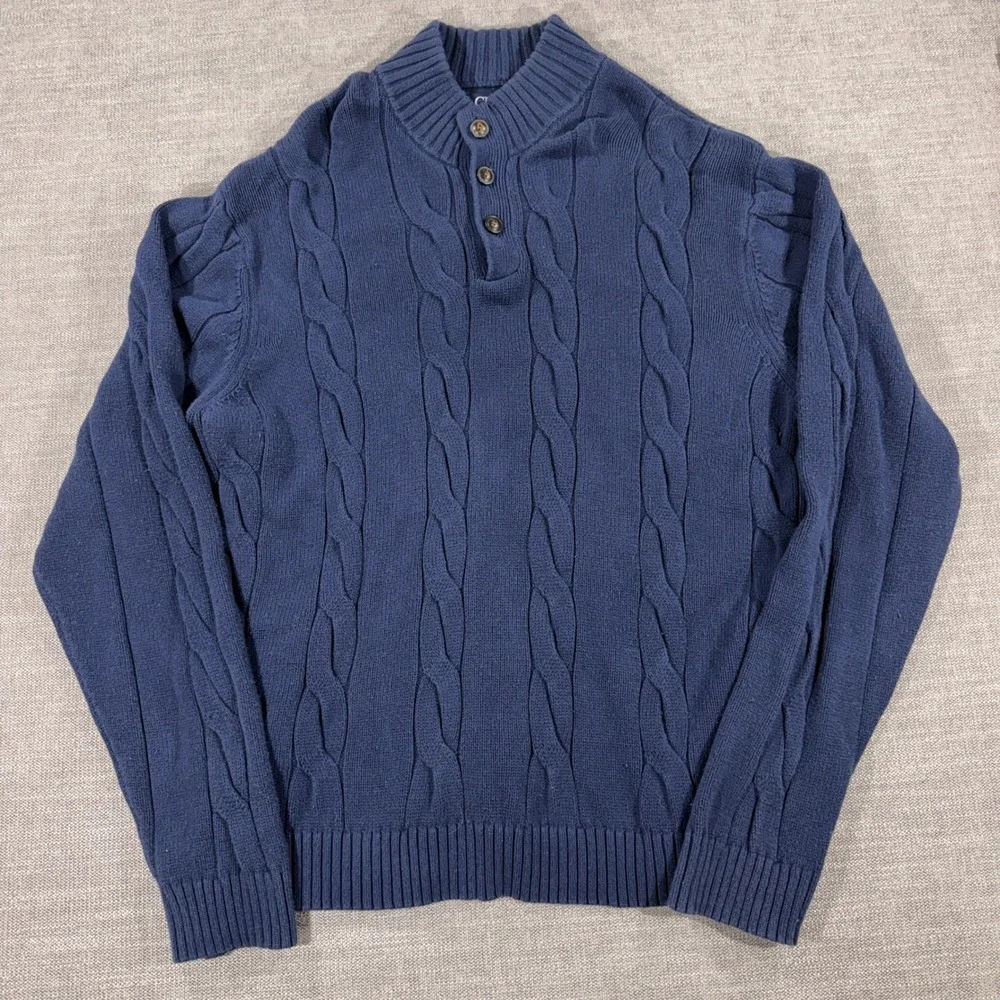 Chaps Cable Knit Sweater Mens XXL Navy Blue Excellent Mock Neck Quarter Button